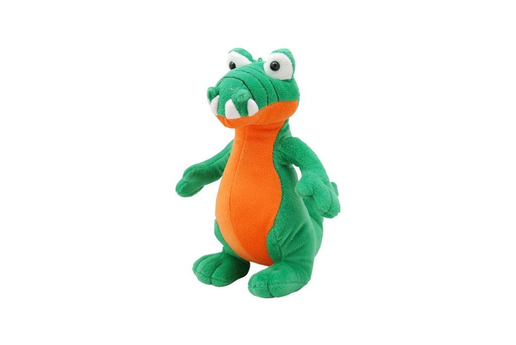 Colorful plush crocodile toy with vivid green and orange tones, perfect for children.
