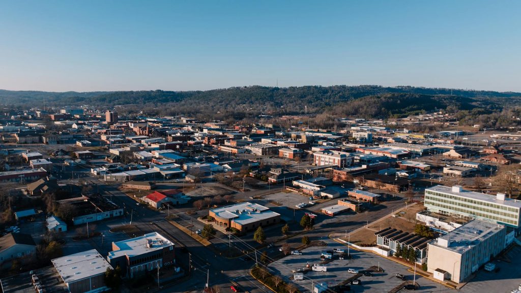 Aerial perspective of Gadsden, Alabama highlighting urban layout and landscape.